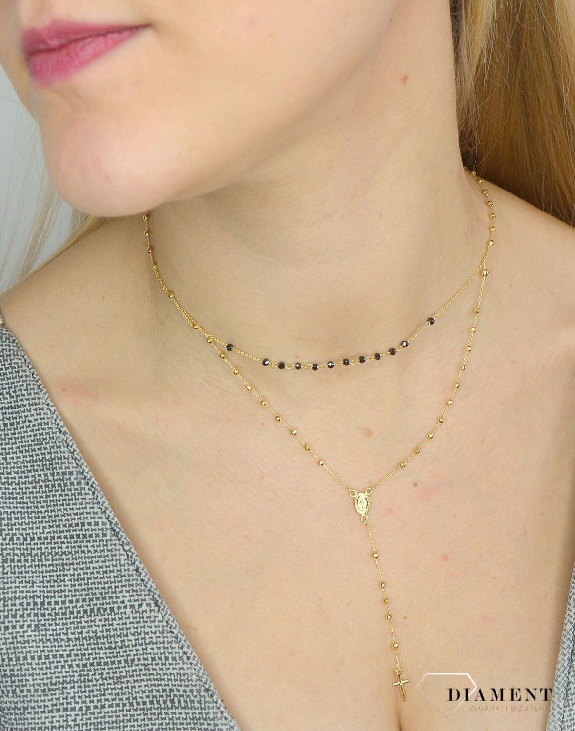 Złoty naszyjnik damski 585 różaniec i czarne koraliki NA 1135 585.jpg